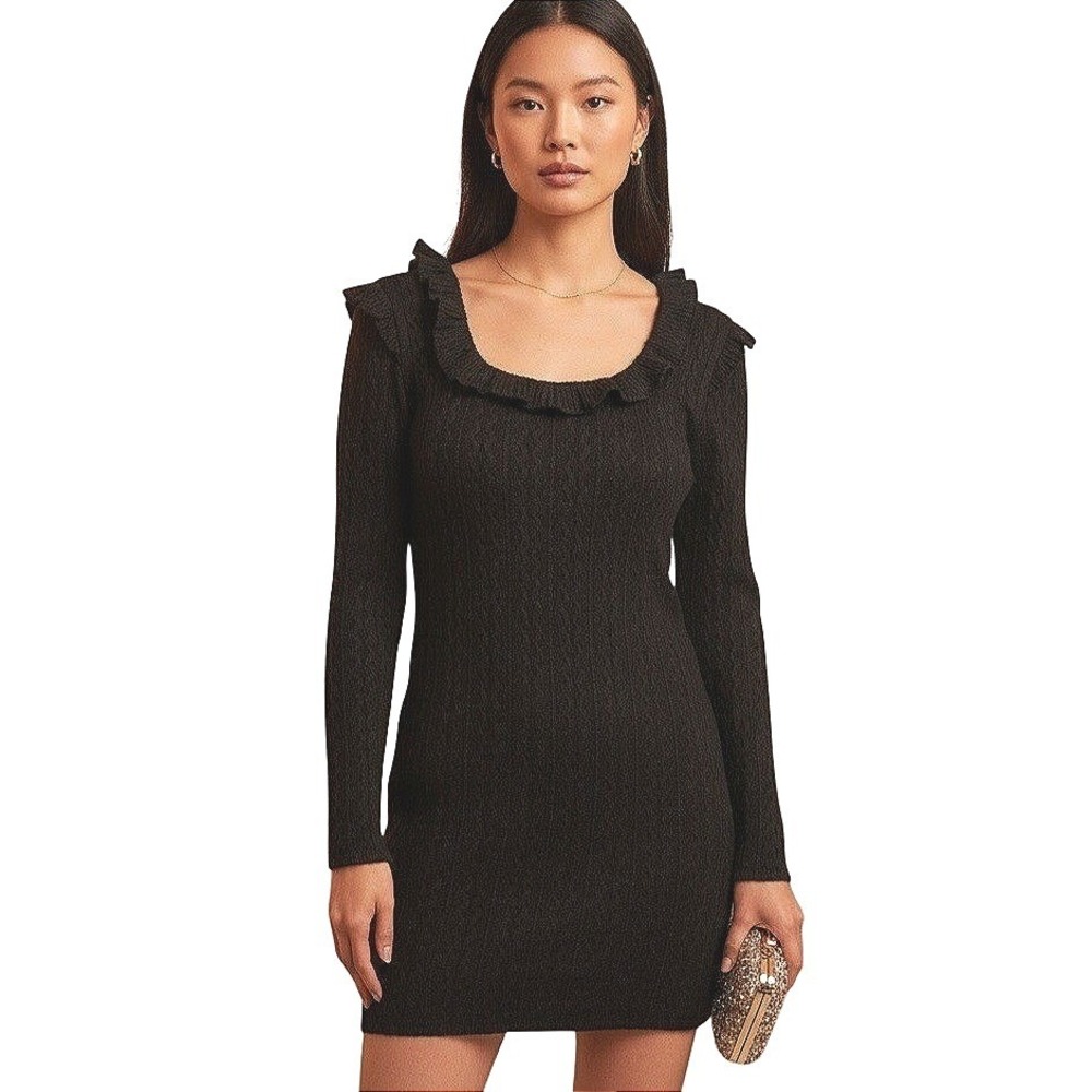 19 Cooper Womens Coquette Ruffle Trim Pointelle Knit Mini Dress Black XS NEW